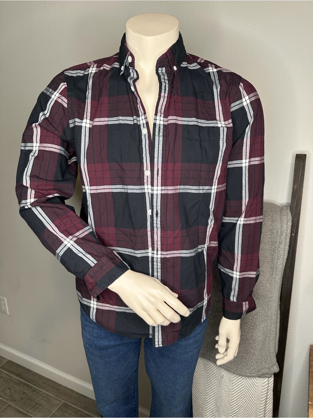 Express Men's Black and Burgundy Plaid Shirt